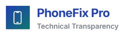 PhoneFix Pro - Professional logo featuring blue square icon with phone symbol and company name in blue text